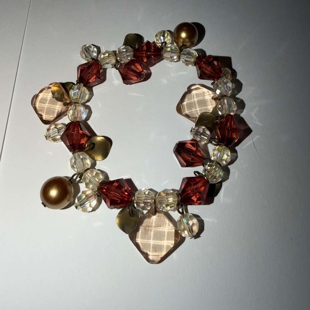 Premier Designs Mixed Bead Bracelet Copper Gold Tone Red Crystal Charm Bangle
